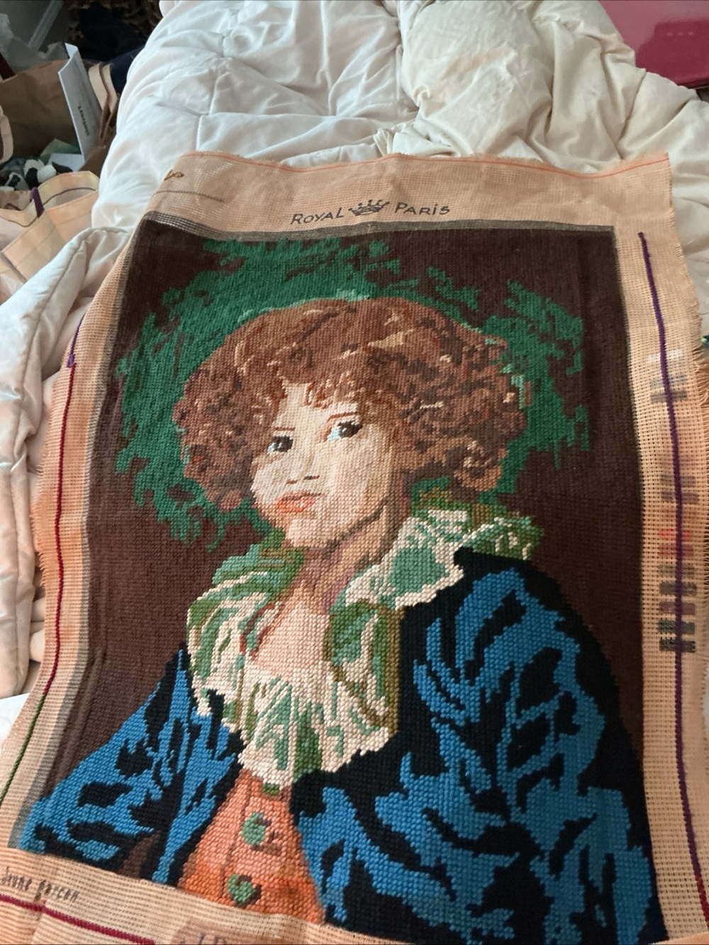 Vintage Royal Paris J.B. Greaze Needlepoint Canvas Portrait 17608 Completed
